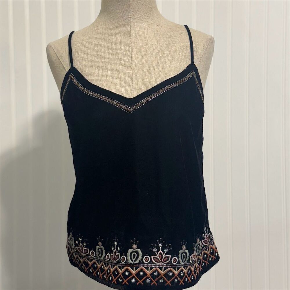 Aeropostale Black Velvet Camisole Top Embroidered Cami Sequins M Coquette Boho